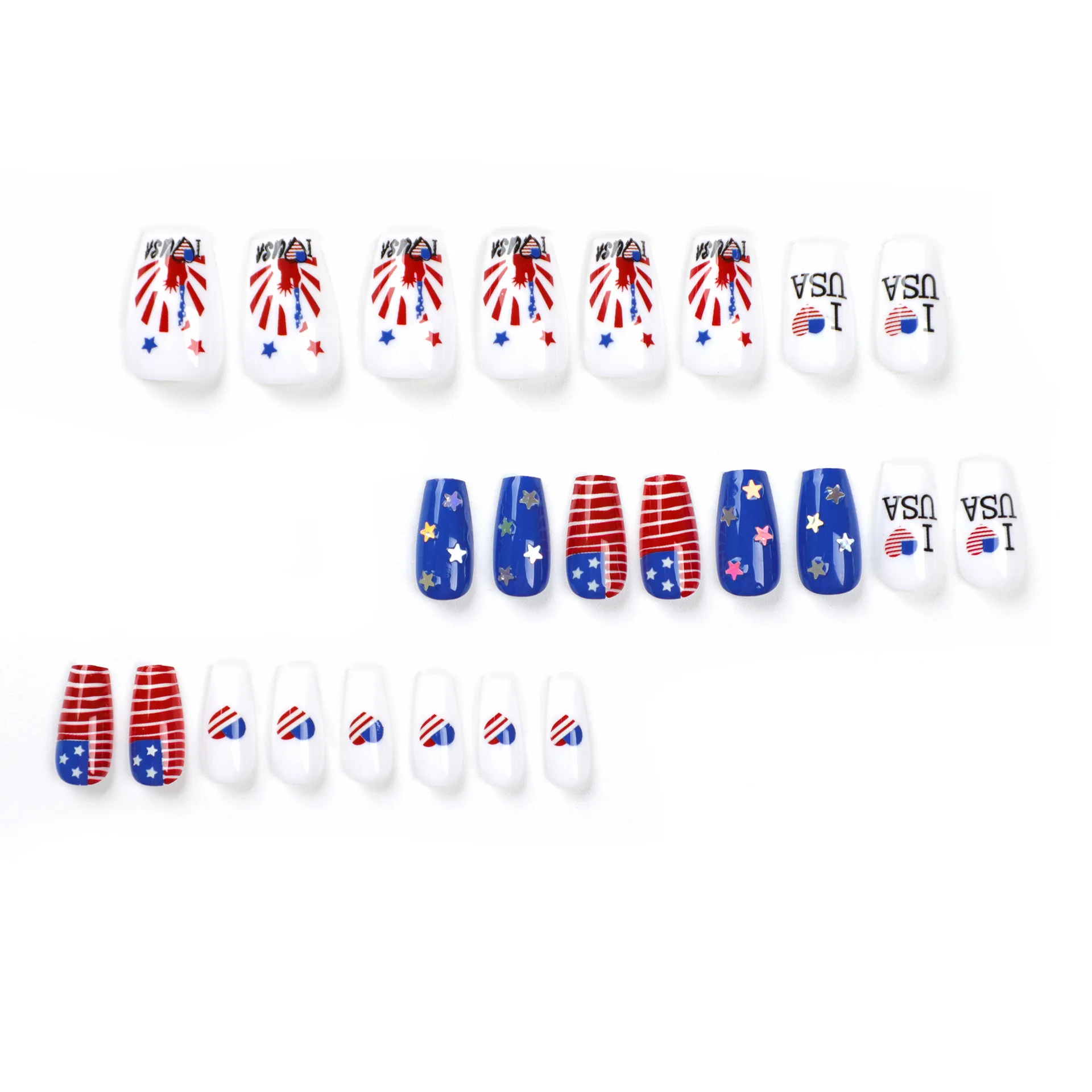 24Pcs Coffin Nail, Short American Flag Fake Nail, Red, Blue, White Full Set Acrylic Nail, Glossy Star Glue Nail, Independent Pat