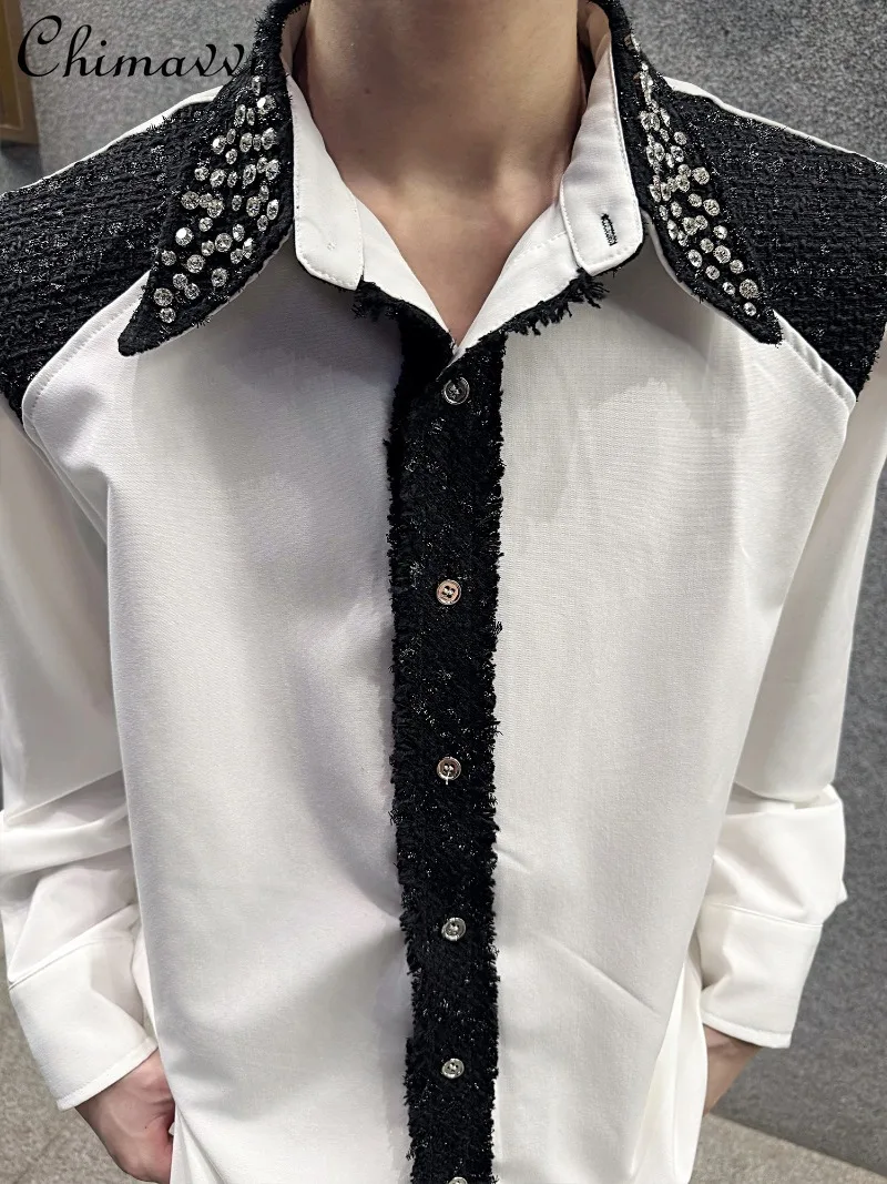 Camisa branca de manga comprida para homens, strass pesados, moda coreana, ajuste solto, bonito, bloqueio de cores, patchwork, outono 2025