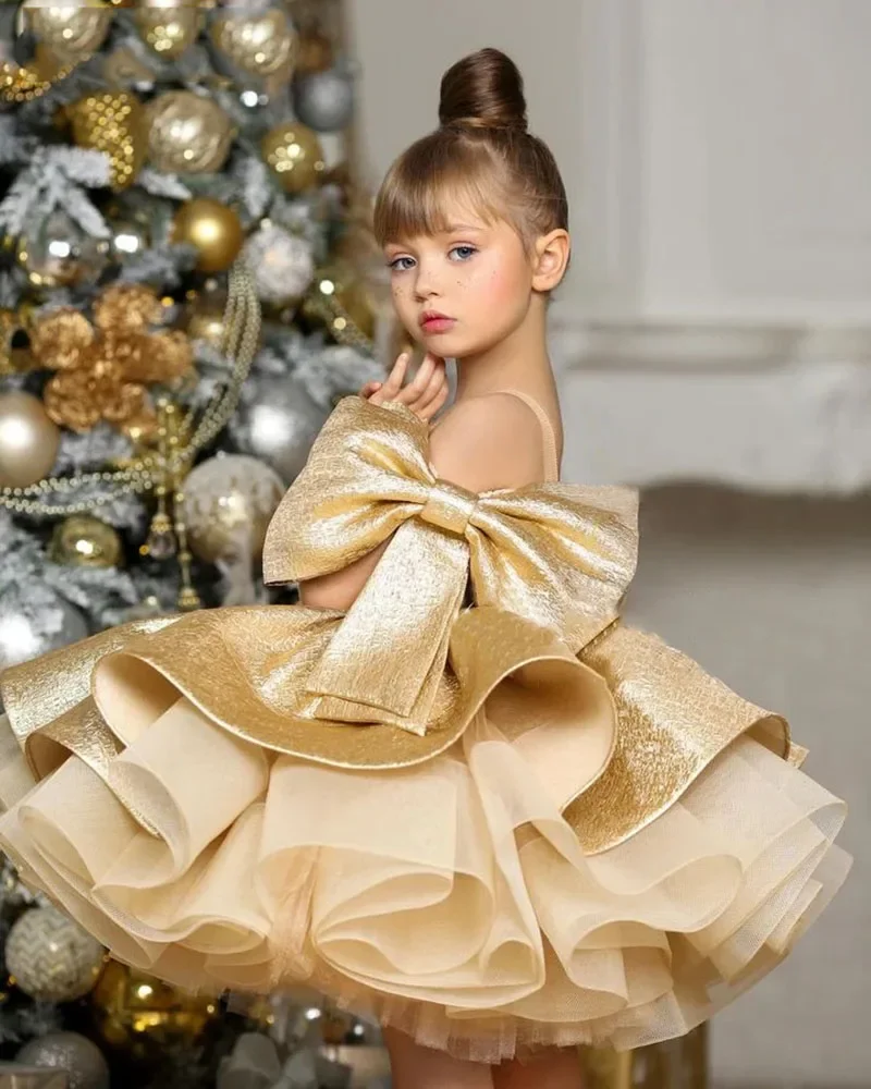 Gold Shiny Tulle Puffy Flower Girl Dress For Wedding Knee Length With Bow Girl Princess Birthday Party First Communion Ball Gown