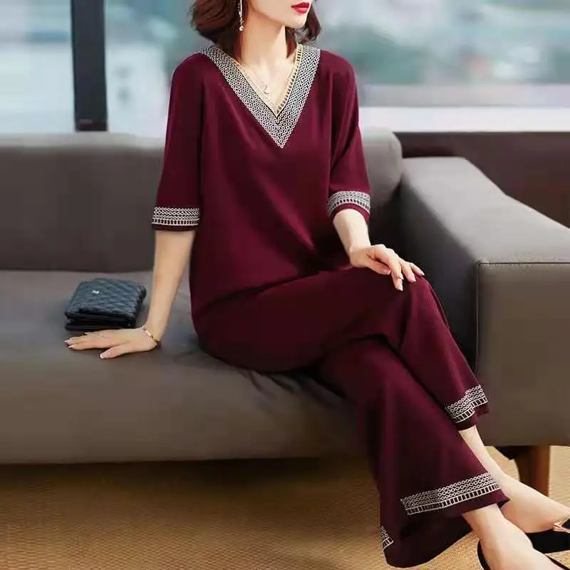 Casual Loose Two Piece Set Straight Wide Leg Pants V-neck Pant Sets Pullovers 3/4 Sleeve Elegant 2023 New Women\'s Clothing