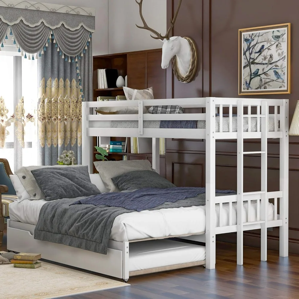 BOVZA Twin Over Twin/King Extendable Bunk Bed with Trundle, Pull-Out Bunk Bed with Trundle, Wooden Bunk Beds for Kids Teens