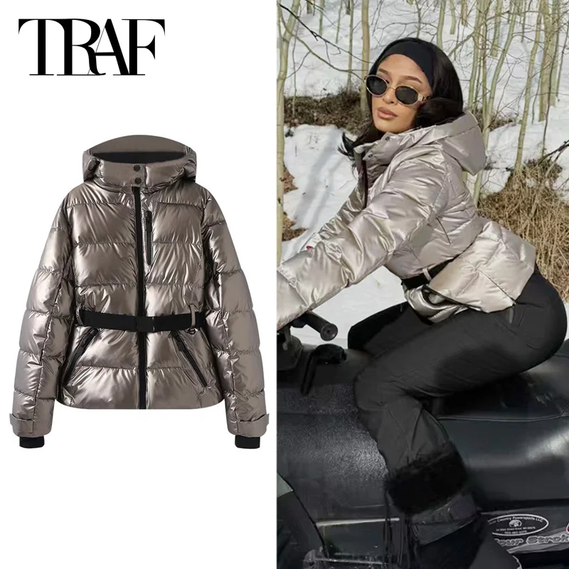 TRAF Women's Winter Jacket Crop Ski Wear Long Sleeve Coats Black Slivery Plaid Hoodies Down Jacket Short Padded Jacket Outerwear