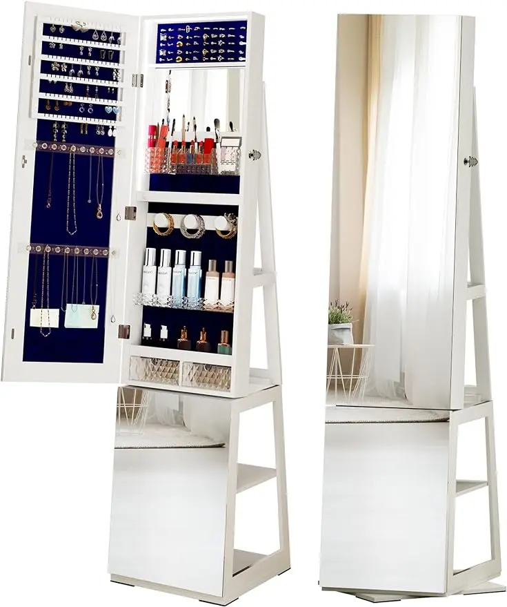 

Вращающийся на 360 ° шкаф для ювелирных изделий с зеркальной полной длиной, стоячее зеркало с органайзером для хранения ювелирных изделий, шкаф для ювелирных изделий с зеркалом
