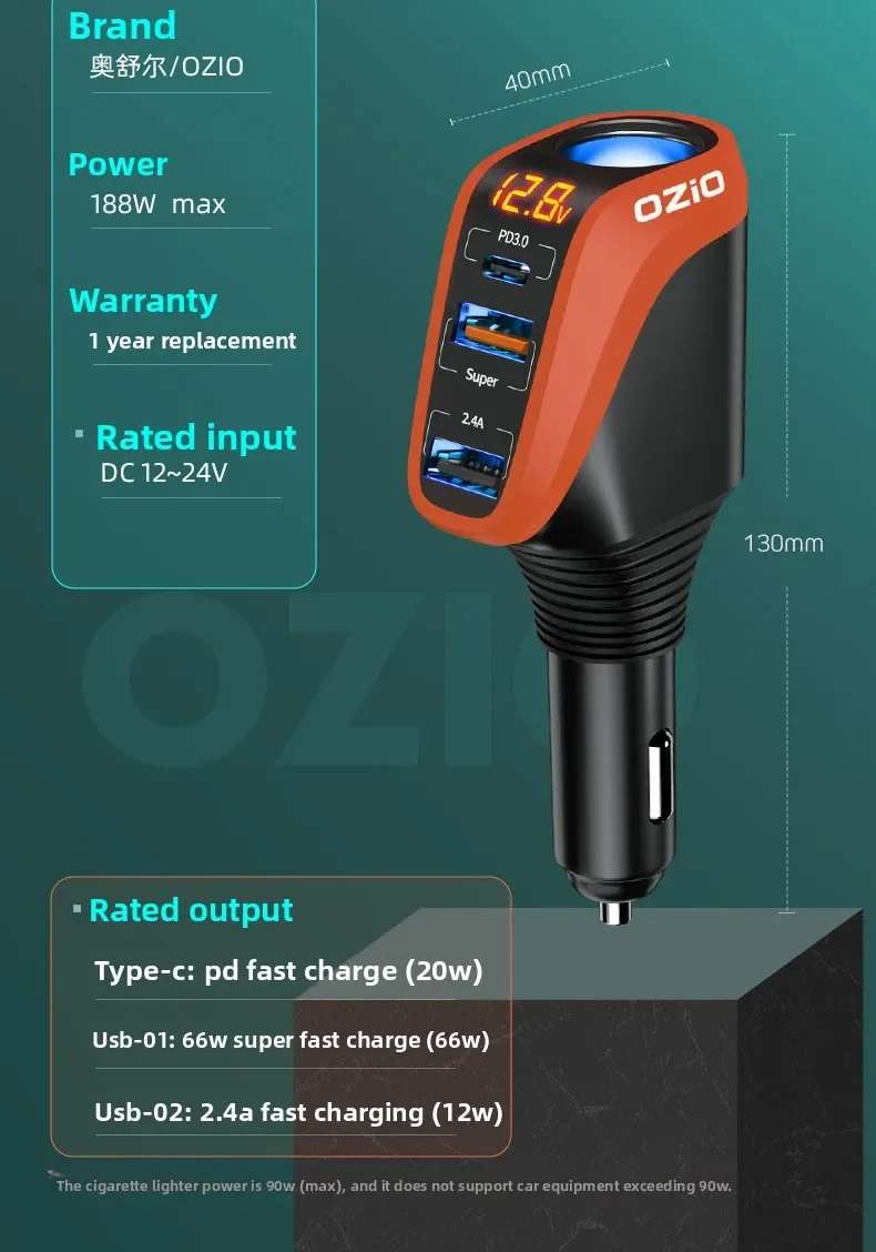 188W Car Charger with QC3.0 & PD20W Fast Charging 3-Port USB Adapter for iPhone Samsung 12V/24V Cigarette Lighter Socket