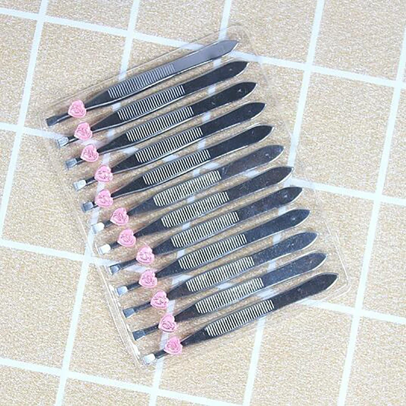 12pcs Hair Removal Tweezers Stainless Steel Eyebrow Tweezers Pink Slanted Silver Tip Point Face Harmless Makeup Beauty Tool