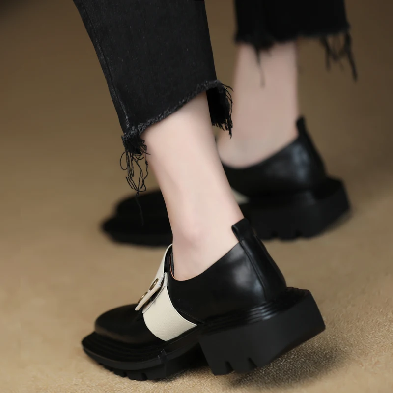 Thick Sole Dress Prom Career Shoes Square Toe Leather Women Shoes Spring Autumn Cowhide Med Heel Loafers Woman Platform Shoes