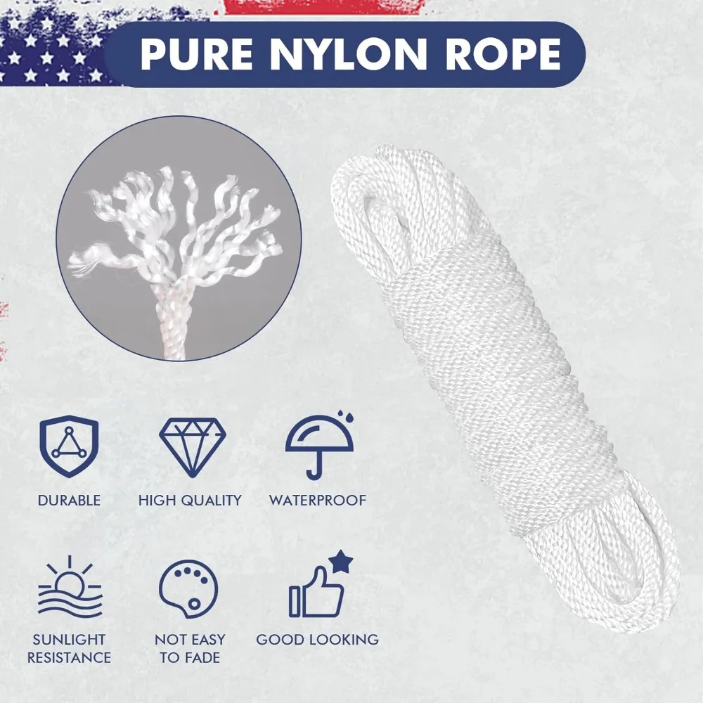 مجموعة أدوات عمود العلم - حبل هاليار 50 قدم مع 4 قطع خطافات دوارة لعربة العلم الخارجية والتخييم وحبل الغسيل ومقود الكلاب