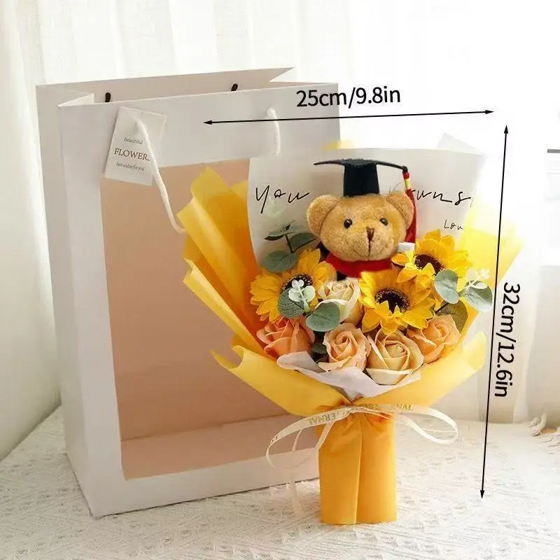 Graduate Bear Plush Bouquet Toy With Hand-Knitted Sunflower Kawaii Funny   Valentine\'s Day Xmas Girl Graduation Gift