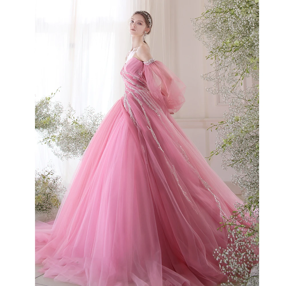 Gorgeous Sweetheart Puff Sleeves Party Dress Fashion Sequined A-Line Gowns Elegant Floor Length Sweep Train Prom Evening Dress