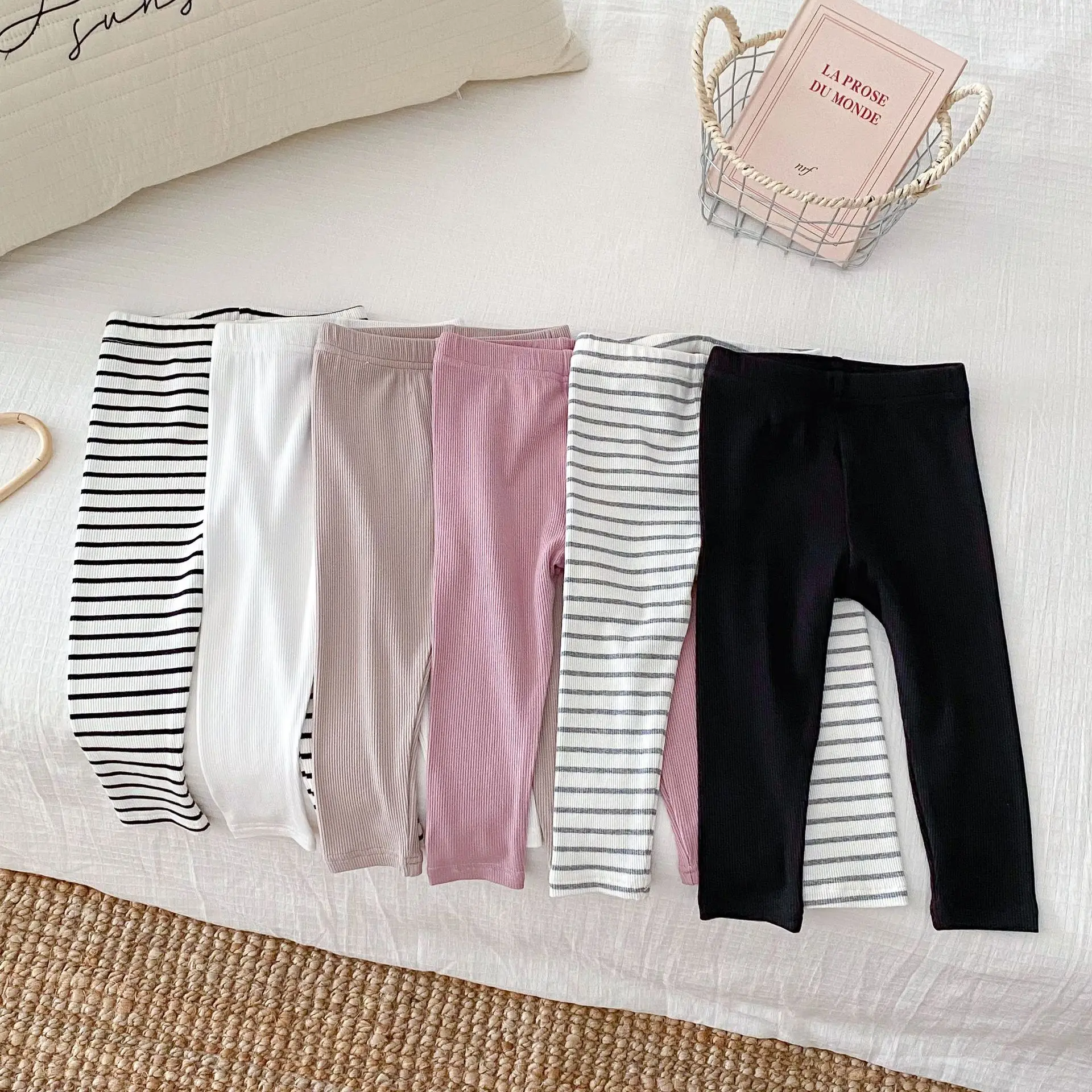 2025 Autumn New Children Striped Leggings Kids Tights Boys Girls Cotton Stretch Pants Solid Toddler Casual Versatile Trousers