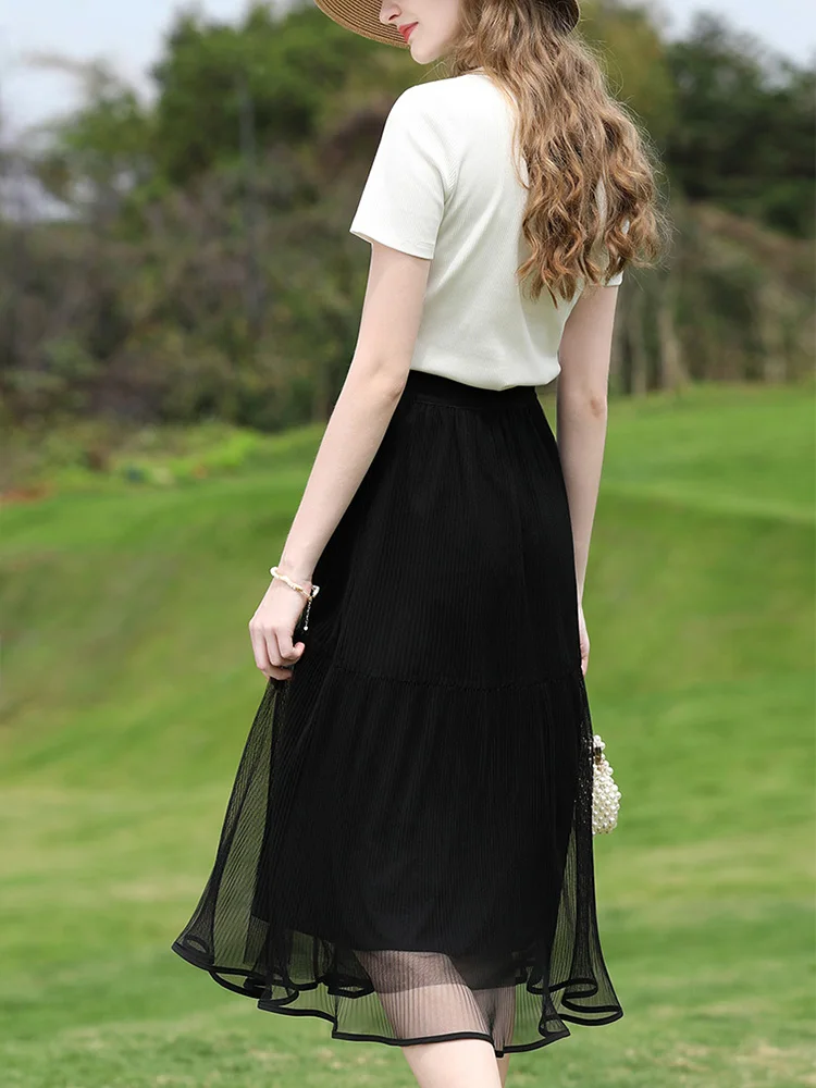 أعتقد أنك تنورة شبكية سوداء مرقعة على شكل حرف a للنساء لصيف 2025 بخصر مطاطي عالي الخصر تنورة متوسطة الطول بتصميم عتيق 2252026057