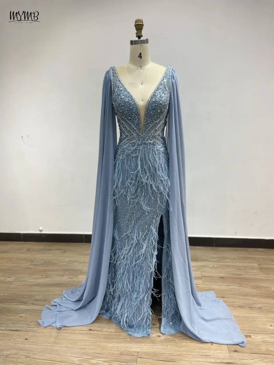 MYMB Luxury Mermaid Cape Sleeves Formal Occasion Party Dress Arabic Sexy V Neck High Slit Beaded Feathers Evening Gown DDS041-2