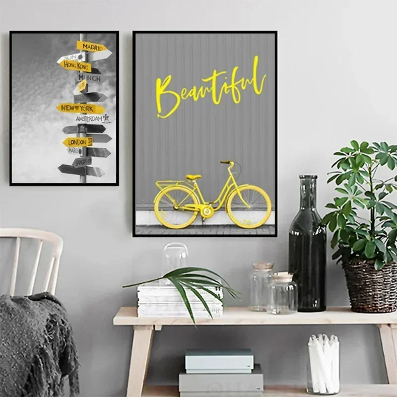Wall Art Black Gray Yellow Color Bicycle Heart Shaped Canvas Painting Poster and Printing Nordic Living Room Home Decor