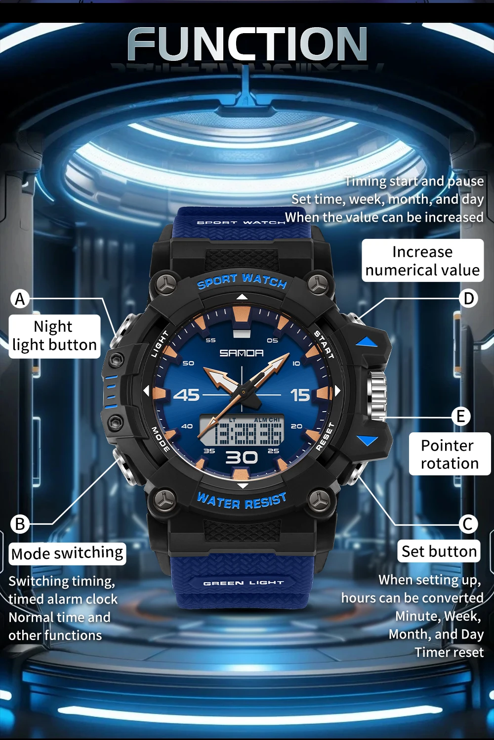 SANDA جديد 6291 ساعة إلكترونية رياضية للطلاب متعددة الوظائف مقاومة للماء توقيت ساعة إلكترونية للطلاب