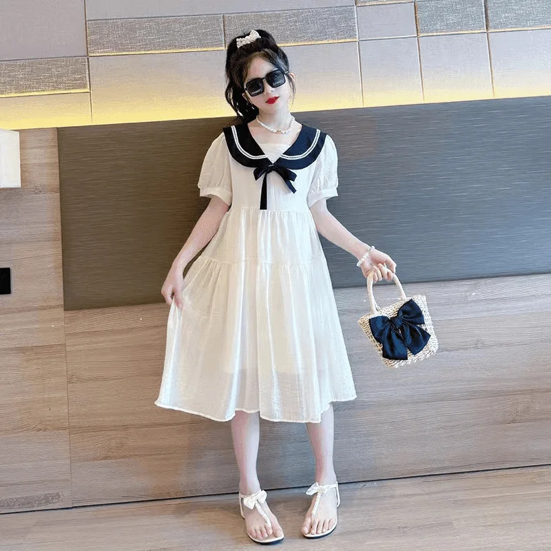 Parent-Child Outfit2025Girls' Summer Dress for Big Kids, Stylish and High-End Feel, Teenage Girls' College Style Dress