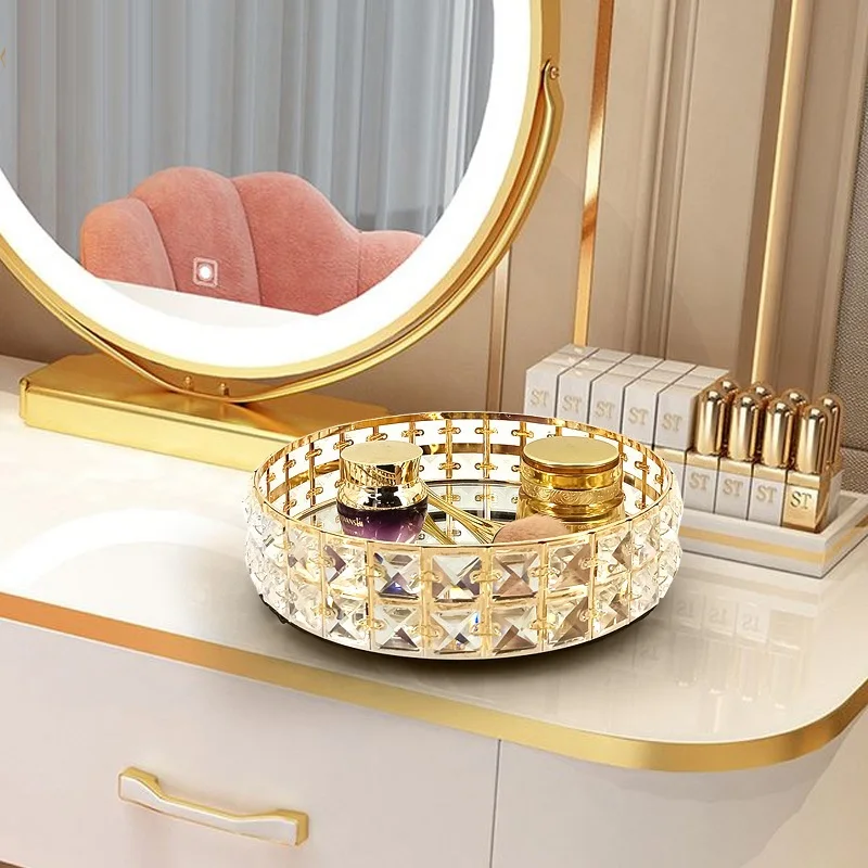 Light luxury European style crystalMirror Base Tray Wedding Food Serving Jewelry Makeup Display PlateCosmetic storage tray