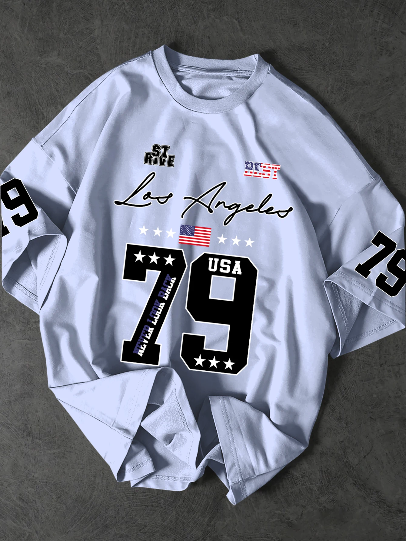 Herren-T-Shirt „Los Angeles USA Number 79“ mit amerikanischem Flaggen-Print, übergroßes Kurzarm-T-Shirt, S-XXL – Detail 10