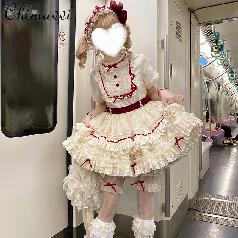 Original New Lolita Sweet Girls Women Short-sleeved Lace Lolita Op Dress and Shorts Kawaii Princess Style Elegant Two-piece Set