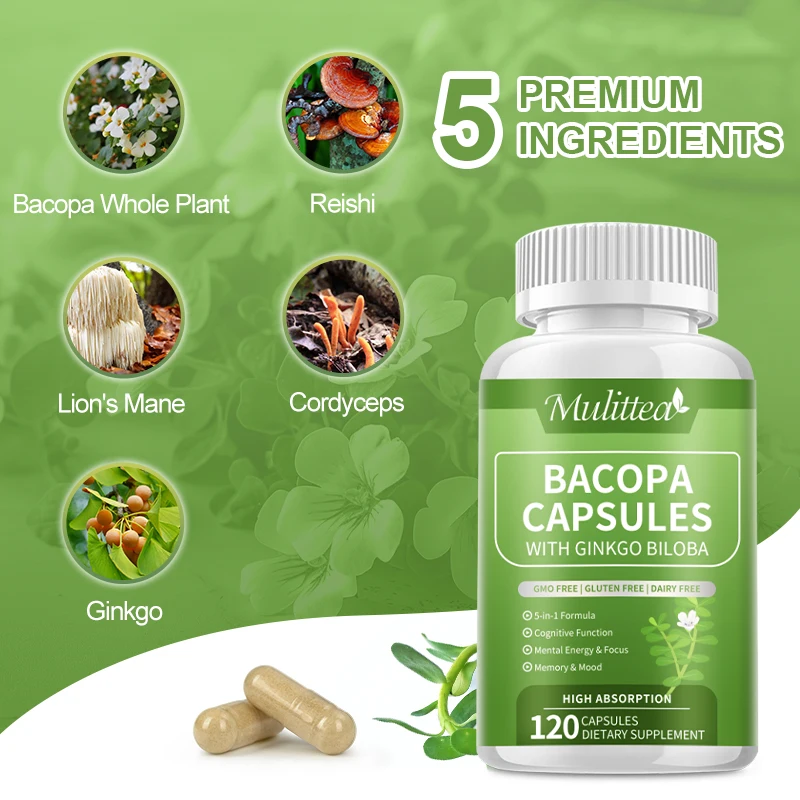 Mulittea Organic Bacopa Monnieri Supplement Supports Calm Cognition Brain Enhance and Increases Memory Focus Energy and Stamina
