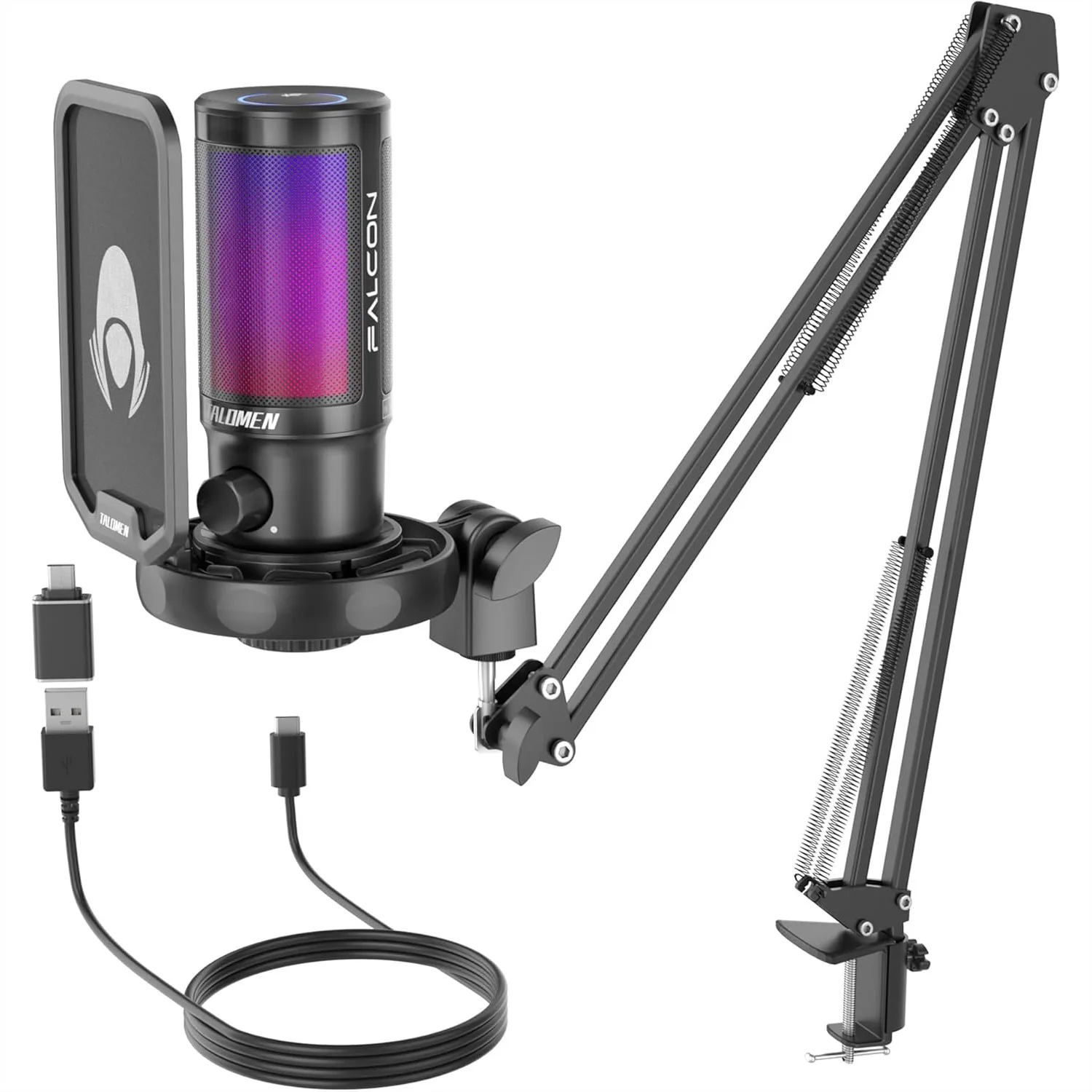 Gaming Microphone for PC, USB Condenser Mic Kit with RGB, Quick Mute, Gain Knob, Boom Arm & Pop Filter