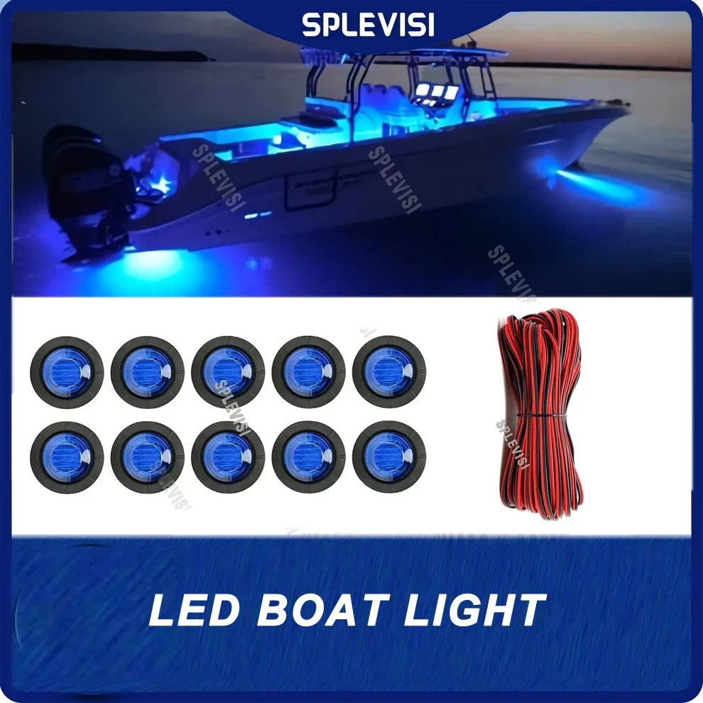 3/4'' Round LED Boat Deck Transom Courtesy Lights Blue for Pontoon Sailboat (10Pcs) + 100FT/30M 2pin Extension Cable Wires Cord