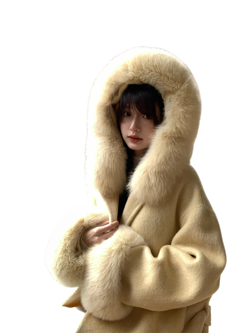 

2025 пальто Snow Mountain, зимнее шерстяное пальто с капюшоном и большим лисьим меховым воротником, высококачественное двустороннее кашемировое пальто для женщин