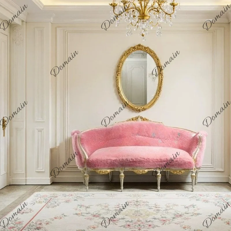 French retro designer plush solid wood sofa photo studio shooting, beauty club three-person sofa double sofa