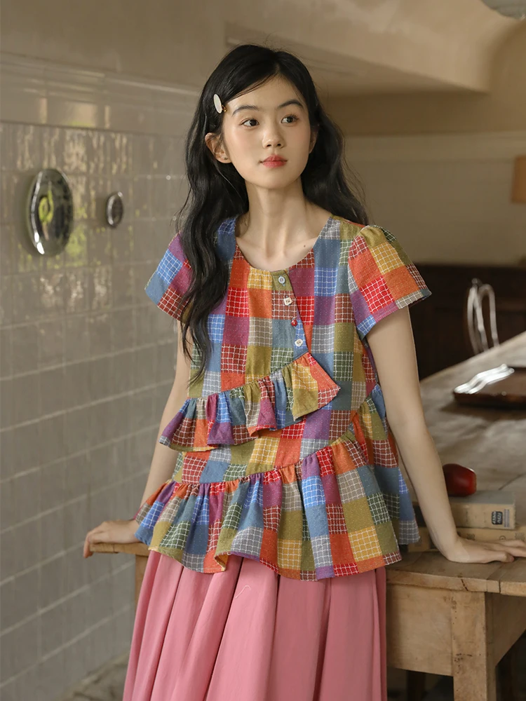 

Nesoulum Women's Summer Cheered irt Loose ort Sve Vintage Ruffle Hem Design Casual Comfortable Top