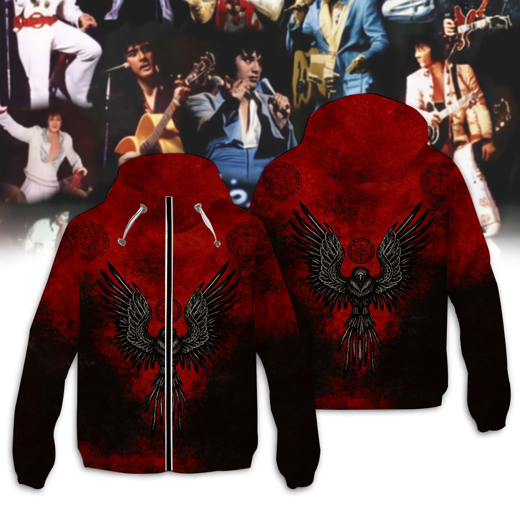 2025 Autumn and winter men's hooded jacket, red and black wing 3D printed sports jacket, retro personalized high street top