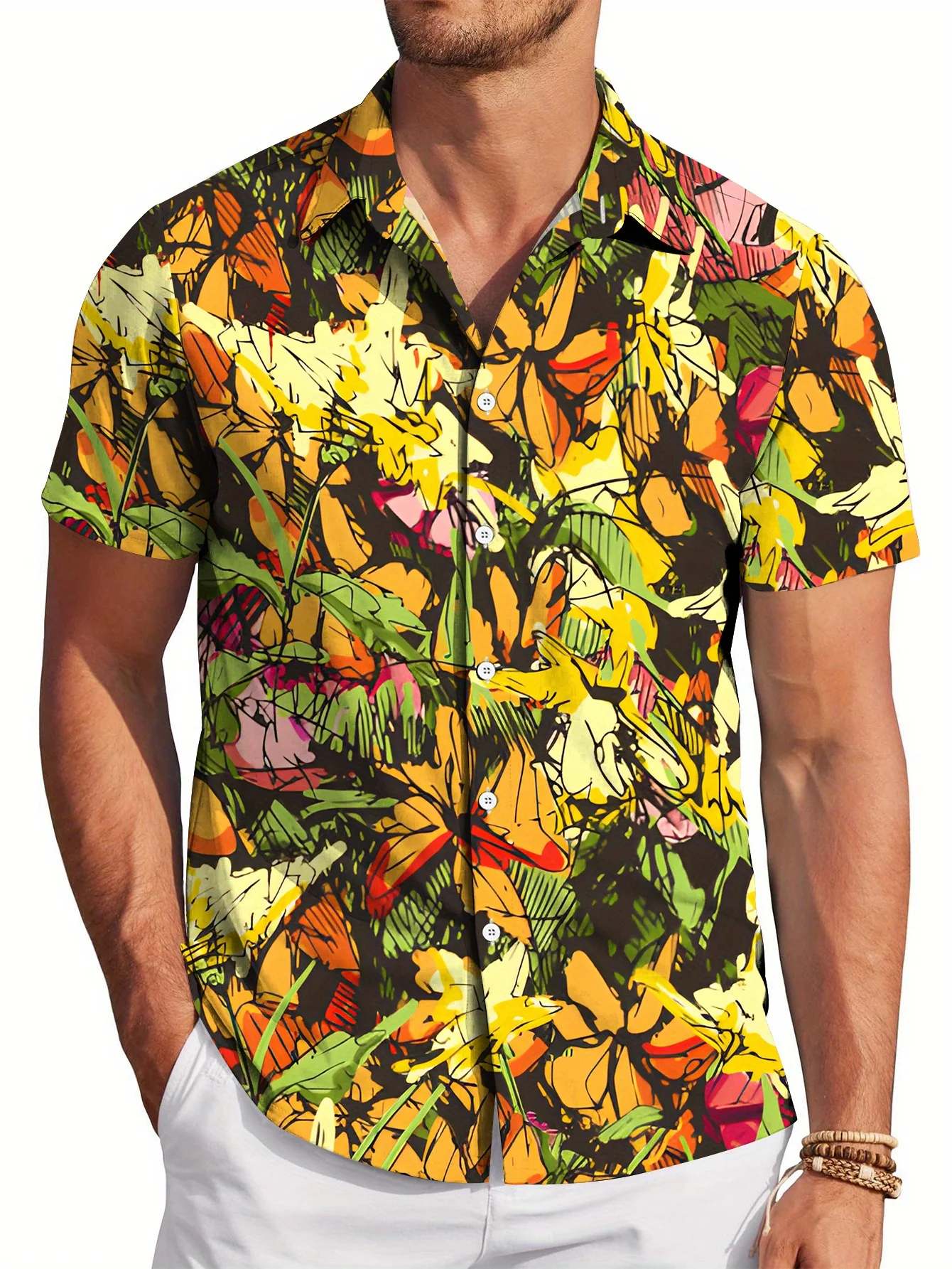 Men's Bohemian Short Sleeve Shirt - Full-Body for Lotus & Leaf Print, Navy Blue with Pink Floral, Re Fit Button-Up Casual Shirt