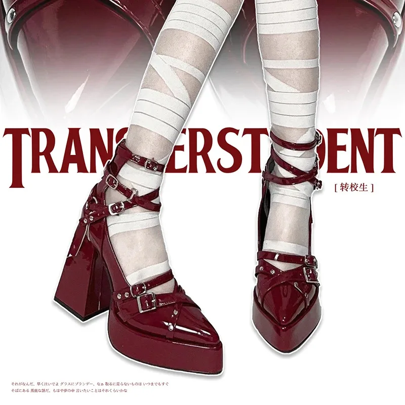 

Lily 123Y2K крутые туфли для девочек 5 цветов с острым носком, темные туфли в стиле Лолиты на высокой толстой подошве, черные непромокаемые туфли на каблуке с цепочкой Pro