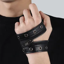 Pulsera de cuero con remache y cremallera para hombre y mujer, brazalete ancho, negro, gótico, ajustable, botón, alta calidad