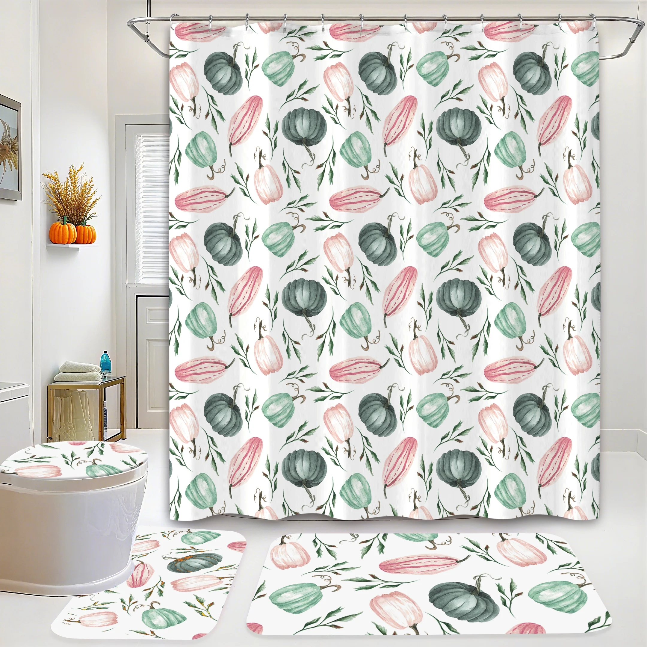 4-Piece Polyester Fall Shower Curtain Set 12 Hooks Non-Slip Rugs Toilet Lid Cover Modern Design Sustainable Digital