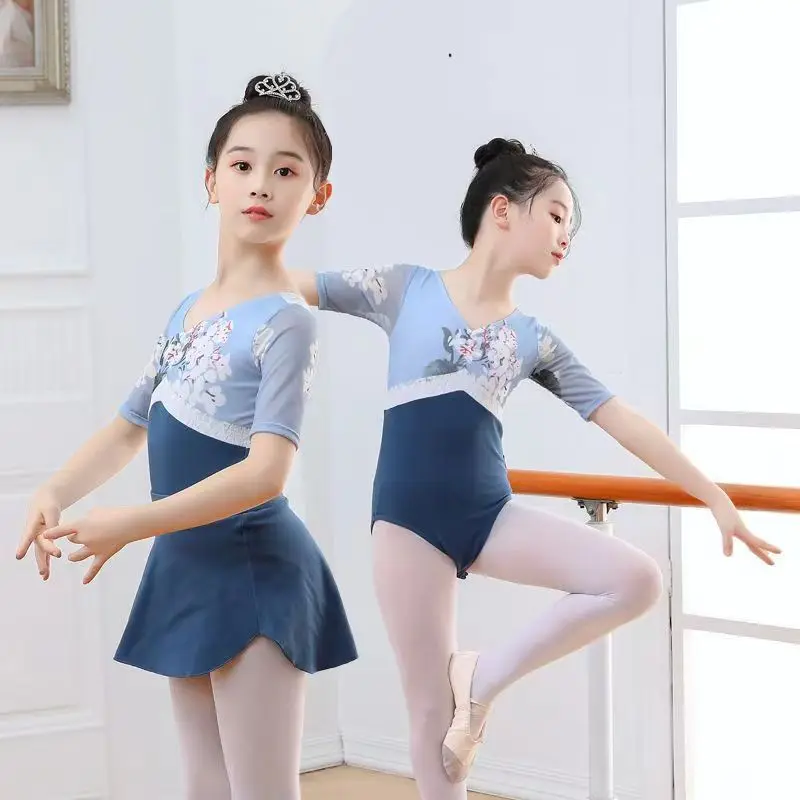 Ballet Leotard For Girl Gymnastic Dress Leaves Flower Print Elegant Medium Sleeve Leotard Ballerina Stage Performance Dress