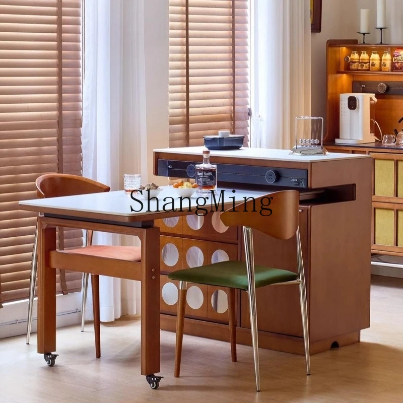 

ZYY solid wood rock slab small apartment dining table integrated household rotary telescopic multi-functional simple log bar