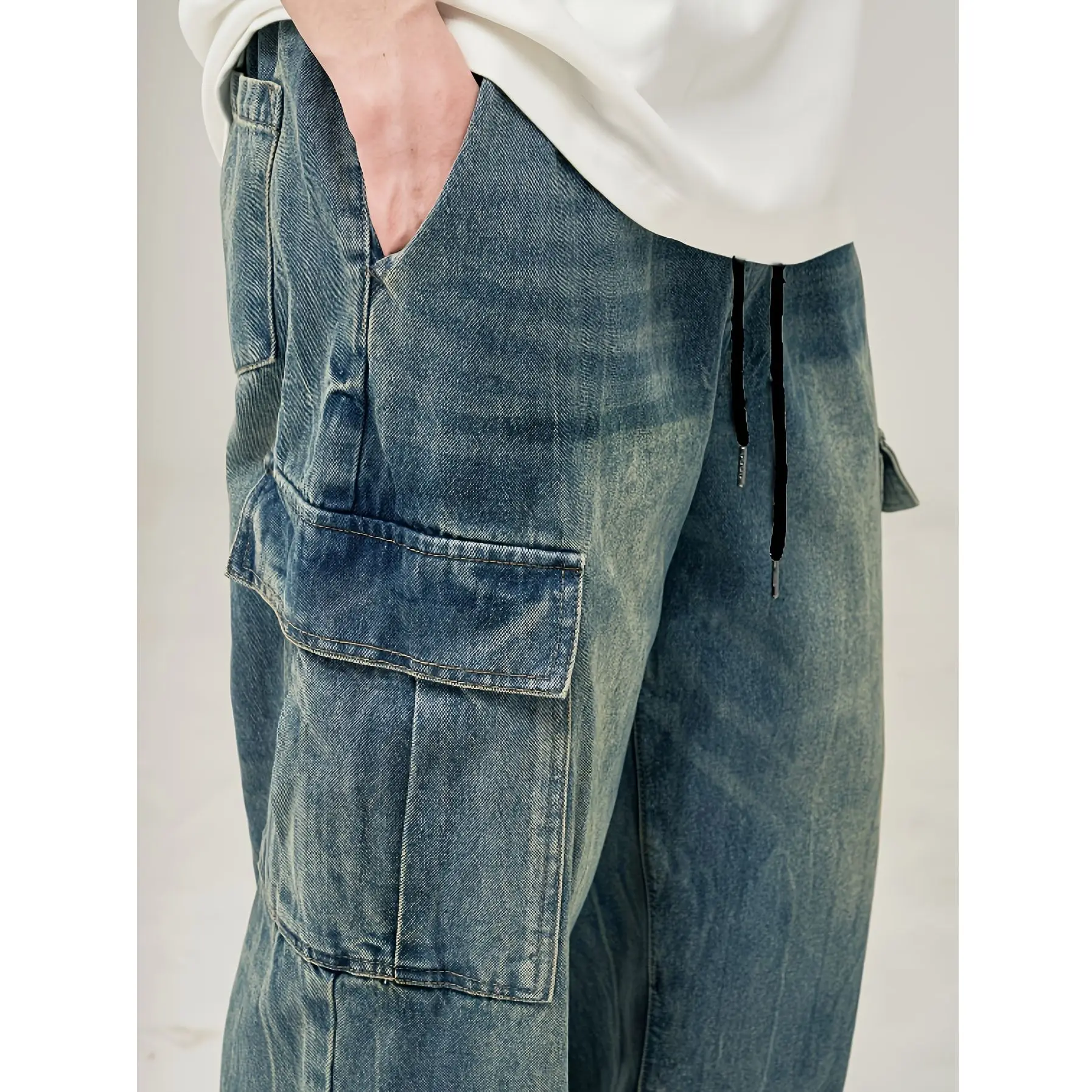 جينز أوروبي وأمريكي بالإضافة إلى ملابس العمل غير الرسمية والعصرية للرجال، سروال فضفاض مستقيم الساق شبابي وعصري واسع الساق