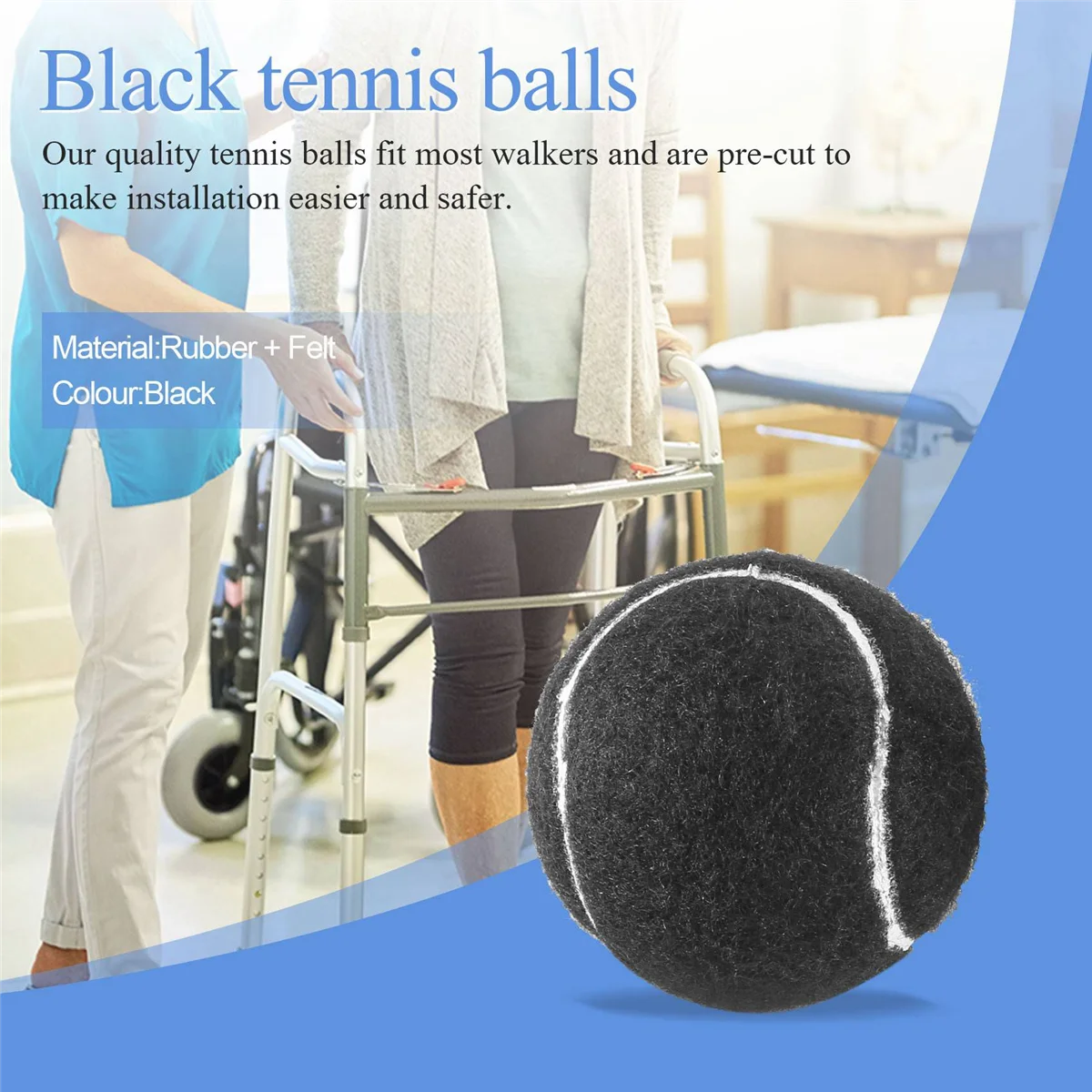 2 PCS Precut Walker Tennis Ball for Furniture Legs and Floor Protection, Heavy Duty Long Lasting Felt Pad Covering,Black