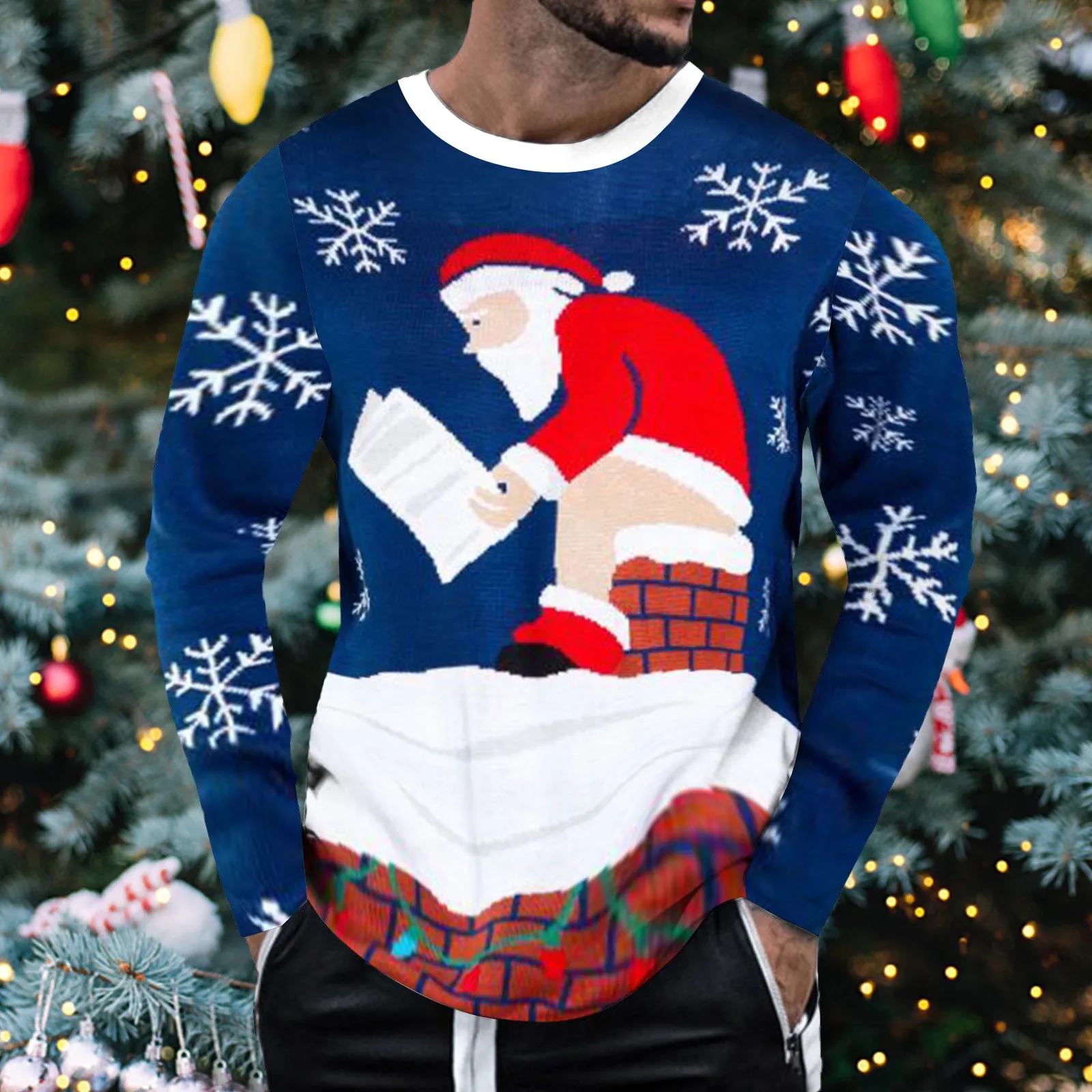 Christmas Funny Print Ugly Men's T-shirts Long Sleeve Pullovers Cartoon Santa Claus Fake Muscle Graphic T Shirt 2024 Ropa Hombre