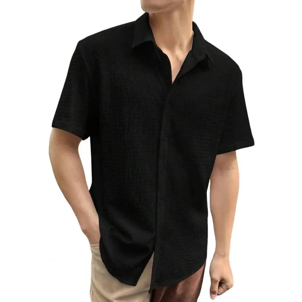 Casual Top Stylish Men's Water Wave Texture Shirt Single-breasted Loose Fit Short Sleeves for Summer Office Commute Men Loose