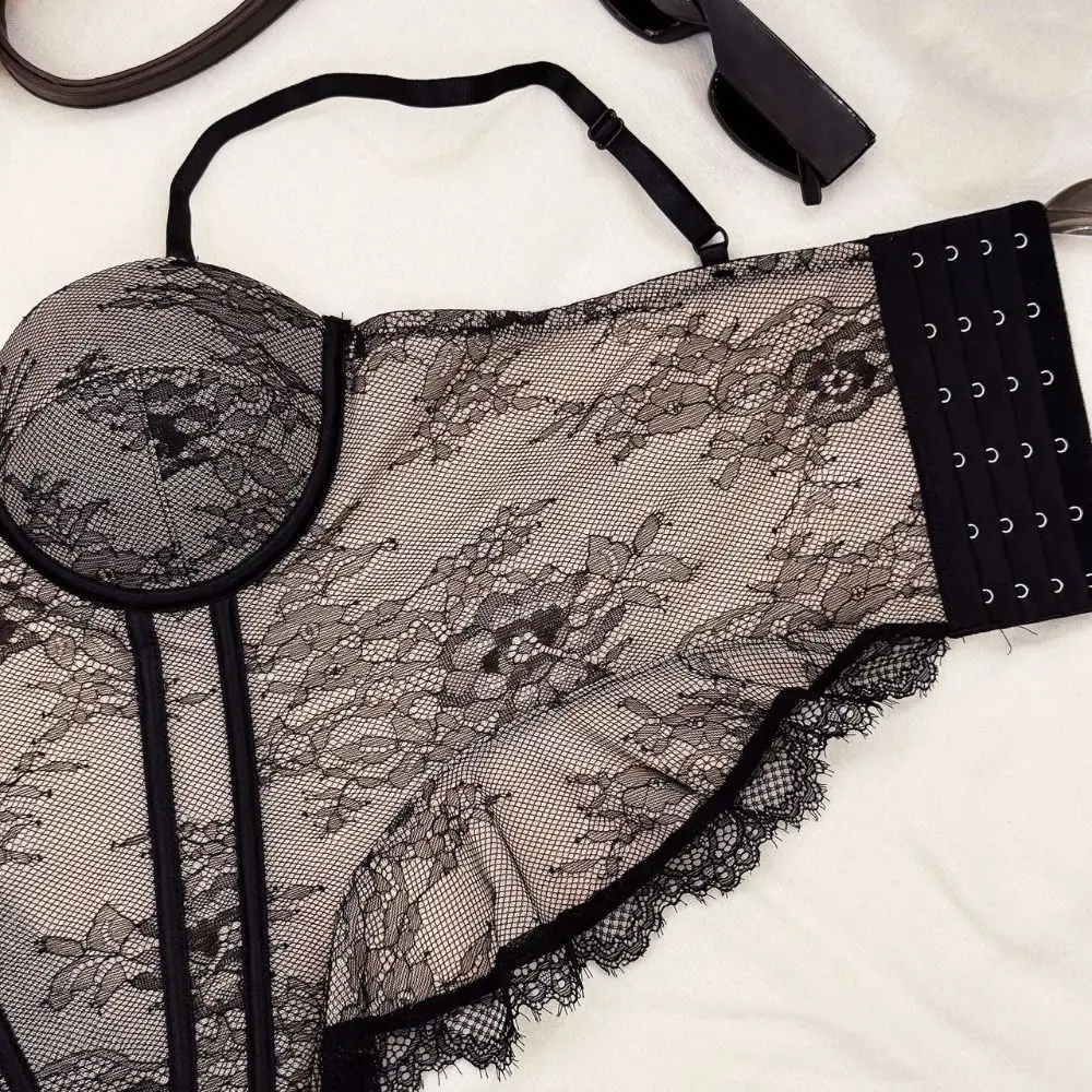Tanktop aus Mesh-Spitze, transparentes, ärmelloses Crop-Top, Fischgrätenmuster, figurbetontes Spitzenkorsett für Damen – Detail 6