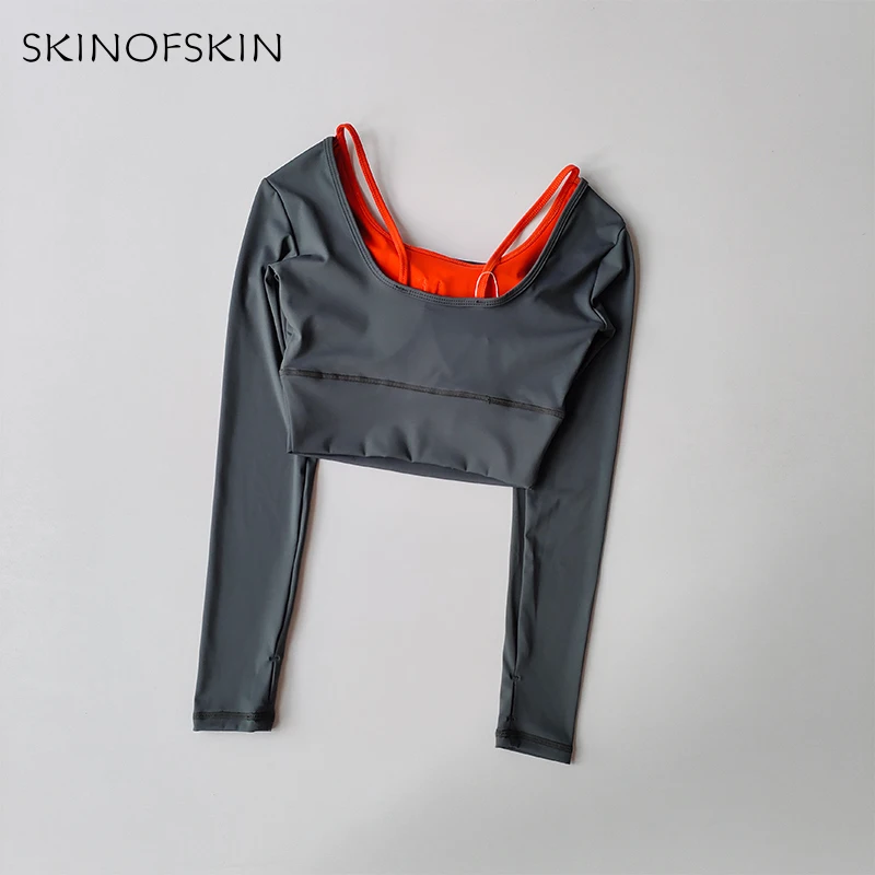 Yoga-Kleidung Langärmeliges Damen-Einteiler-Crop-Top mit Cups Schlankmachendes Schnelltrocknendes Lauf-Trainings-T-Shirt Sport-Fitness-Kleidung – Detail 7
