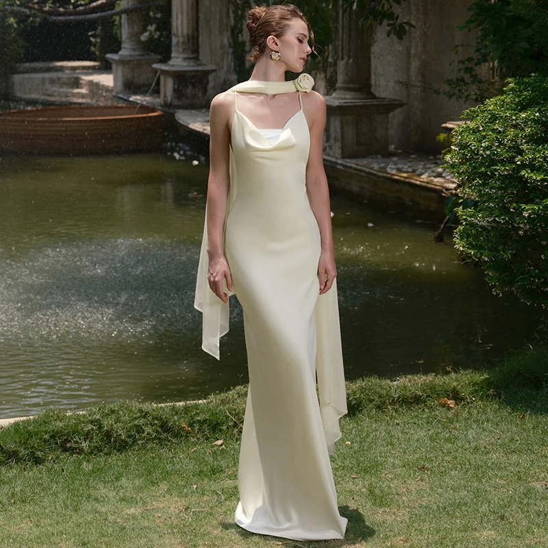 

Ticketsx Luxury Satin Long Dress Women's Pennant Backless Spaghetti Strap Sling Dress Female Elegant Floor Length Evening Dress