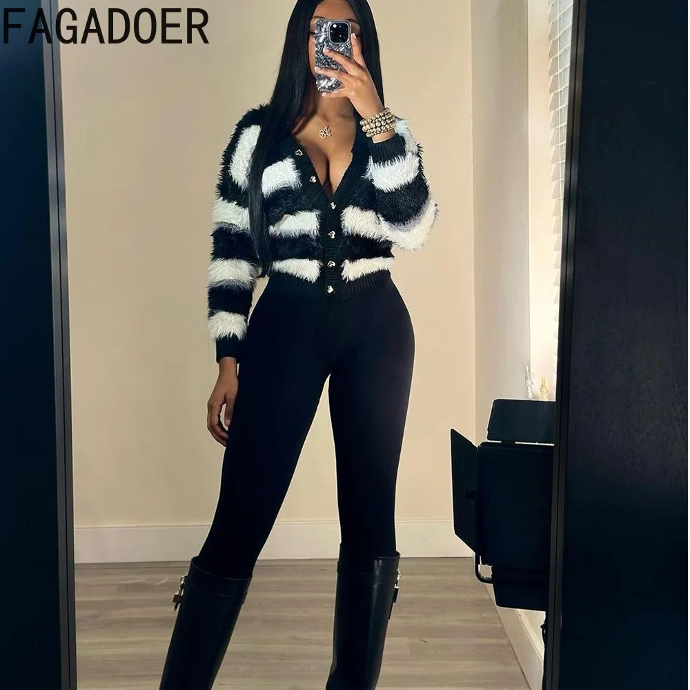 FAGADOER Black White Stripe Printing Casual Knitting Tops Women V Neck Button Long Sleeve Cardigan Spring New Slim Streetwear