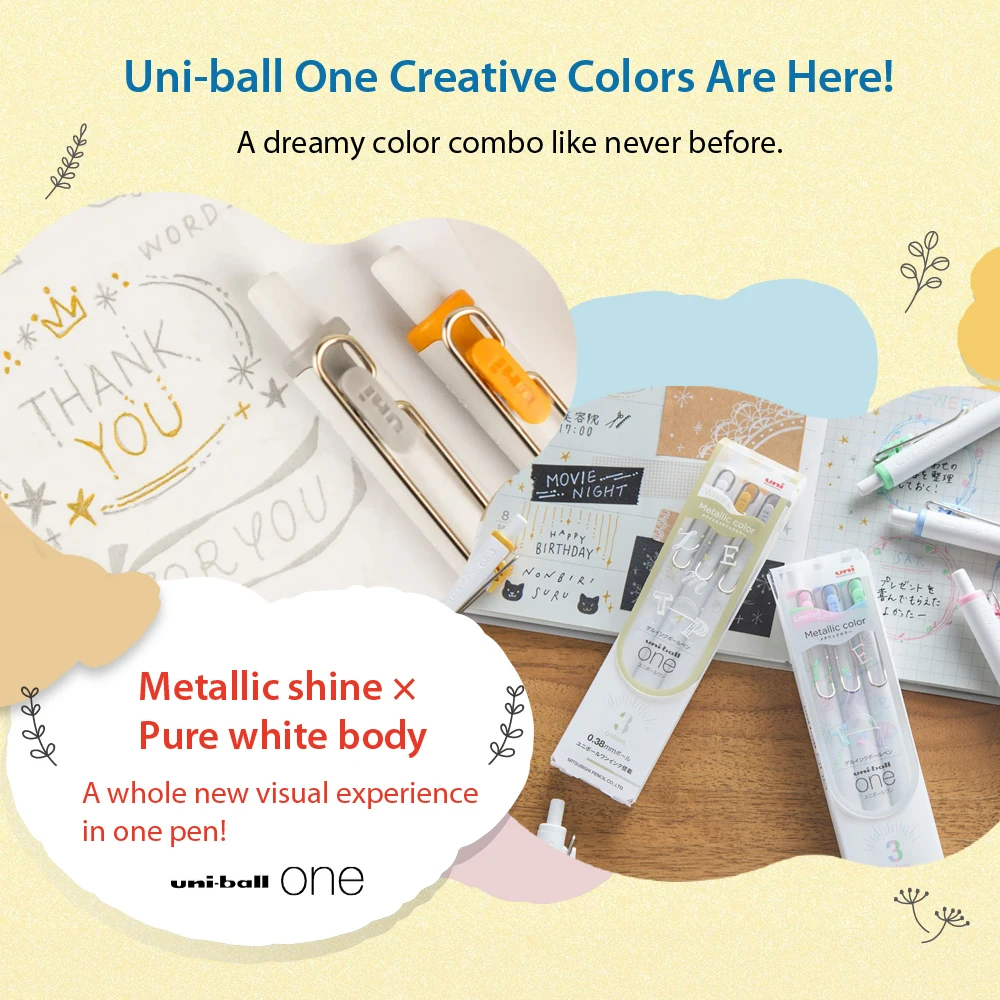 

Japan UNI Uni-ball One F Gel Pen 0.38/0.5mm – White Ink & Metallic Color Series Low Center of Gravity Uniball Signature Pen