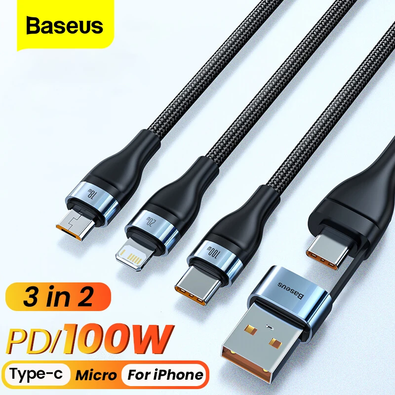 Baseus 3 in 1 USB C to USB Type C Cable For iPhone 14 13 PD 100W Fast Charging Charger Cord For MacBook Xiaomi Micro USB Cable