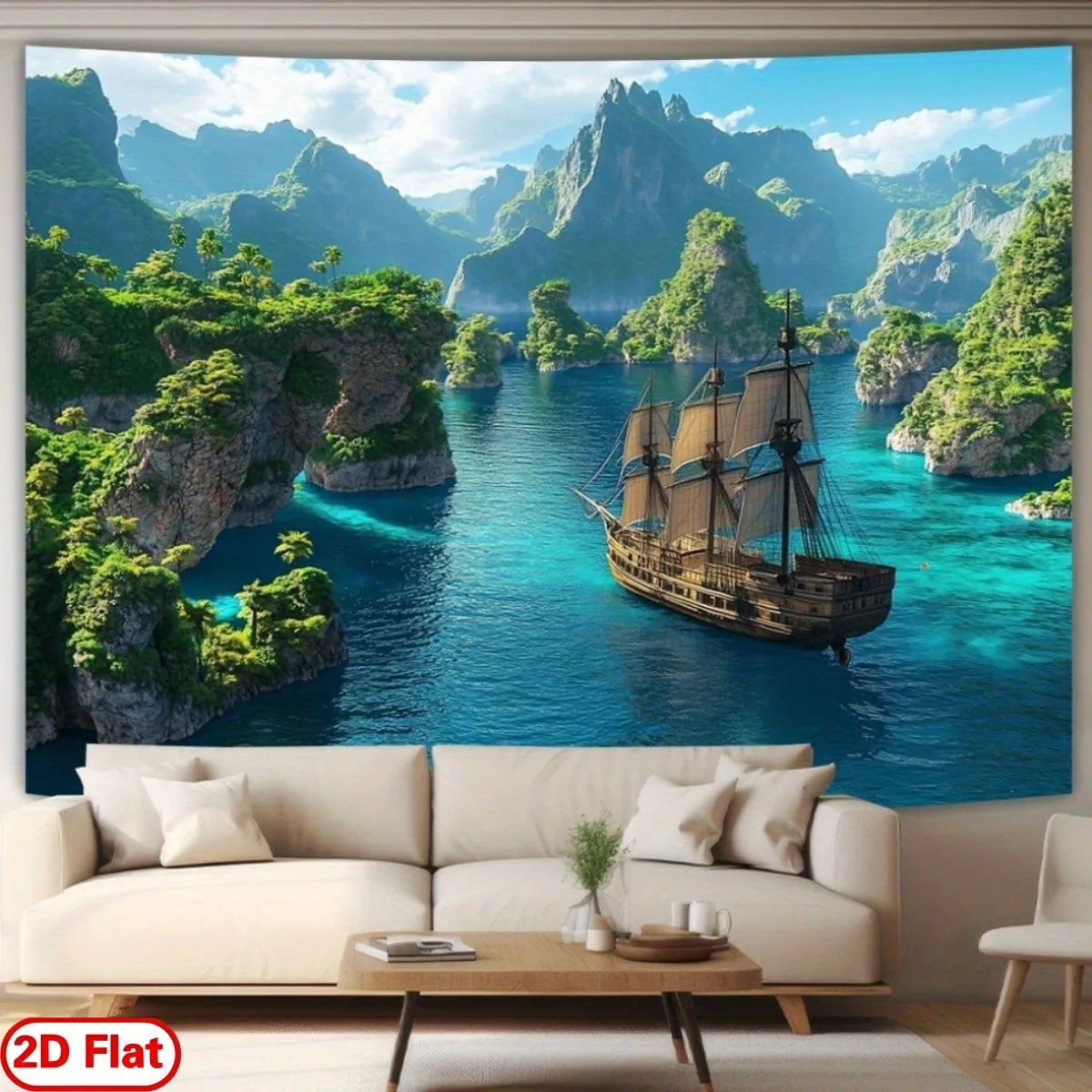 Tropical Southeast Asia Scenery Pirate Ship Voyage Mural Wall Art Decor for Living Room Bedroom