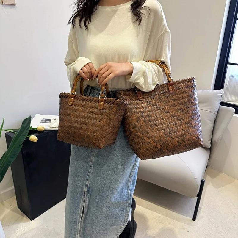 2023 New Trend Straw Retro Large-Capacity Vegetable Basket Woven Portable Tote Bag Hand-Held Beach Bag