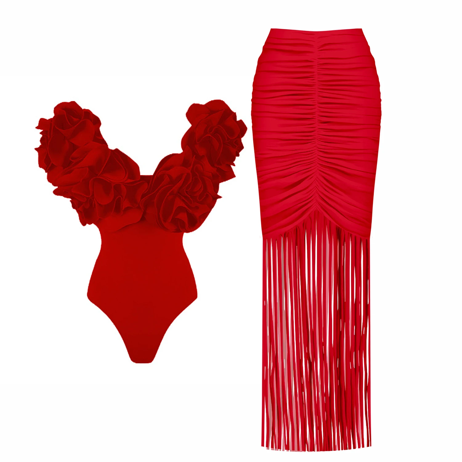 2025 2Pc High Quality Luxury Woman Swimsuit Flower Ruffle Solid Bathingsuit Push Up Swimwear Off Shoulder Summer Suits Beachwear