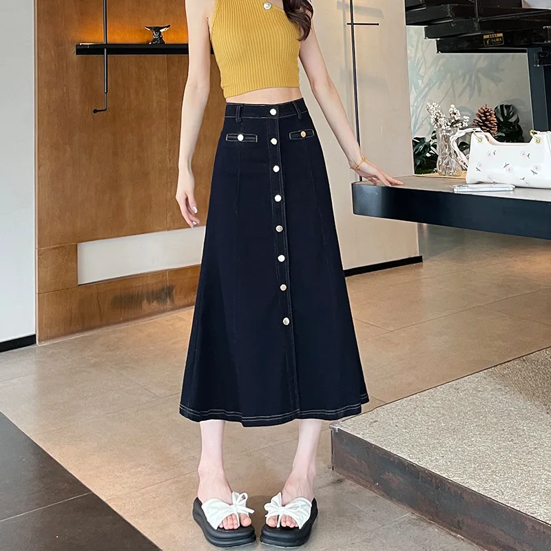 Single Breasted Denim Long Skirt For Women Korean High Waisted Casual A-line Half Dress Retro Commuting Large Swing Skirts