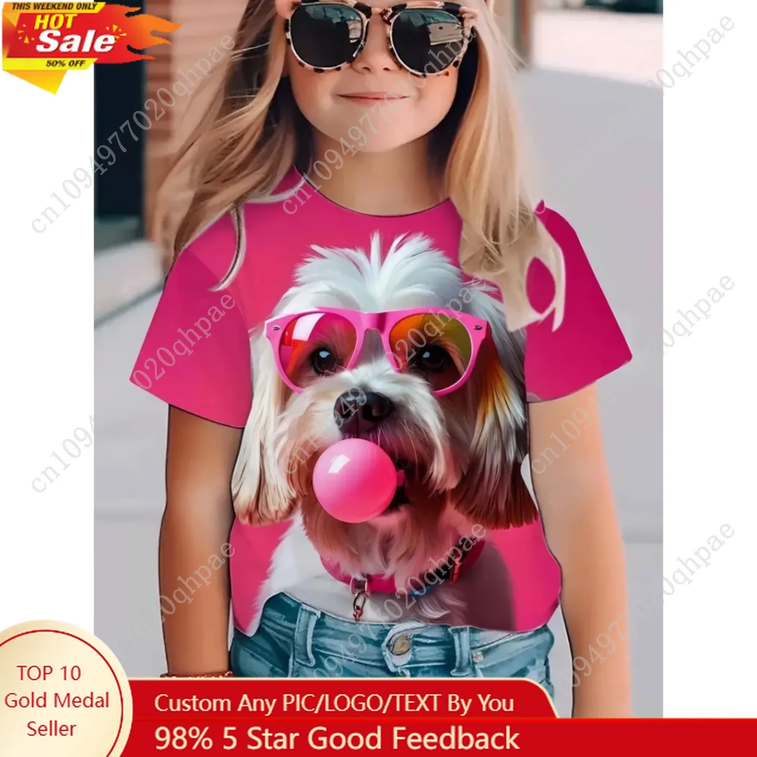 

T-Shirt for Girls 3D Print Cute Dog Graphic T Shirts Summer Short Sleeves Casual Fashions Crew Neck Short Sleeves Children's Clo